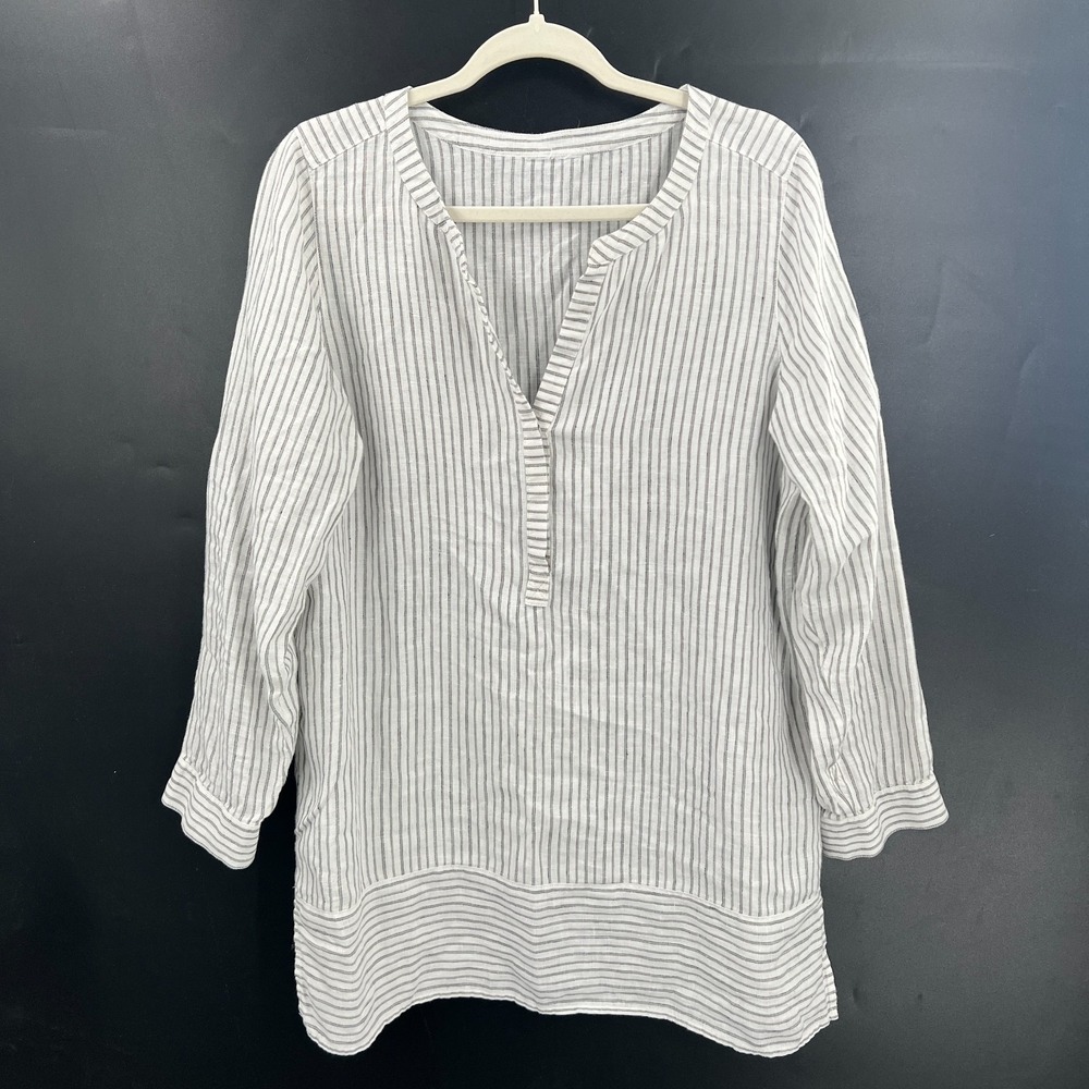 J. Jill white gray 100% linen popover tunic top coastal quiet luxury nautical L - Picture 10 of 11